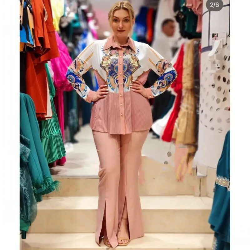 2 Piece Women's Set Spring Autumn Fashion Muslim Set Long Sleeve Shirt Blouse Trousers Set Office Lady Outfits Africaine Clothes