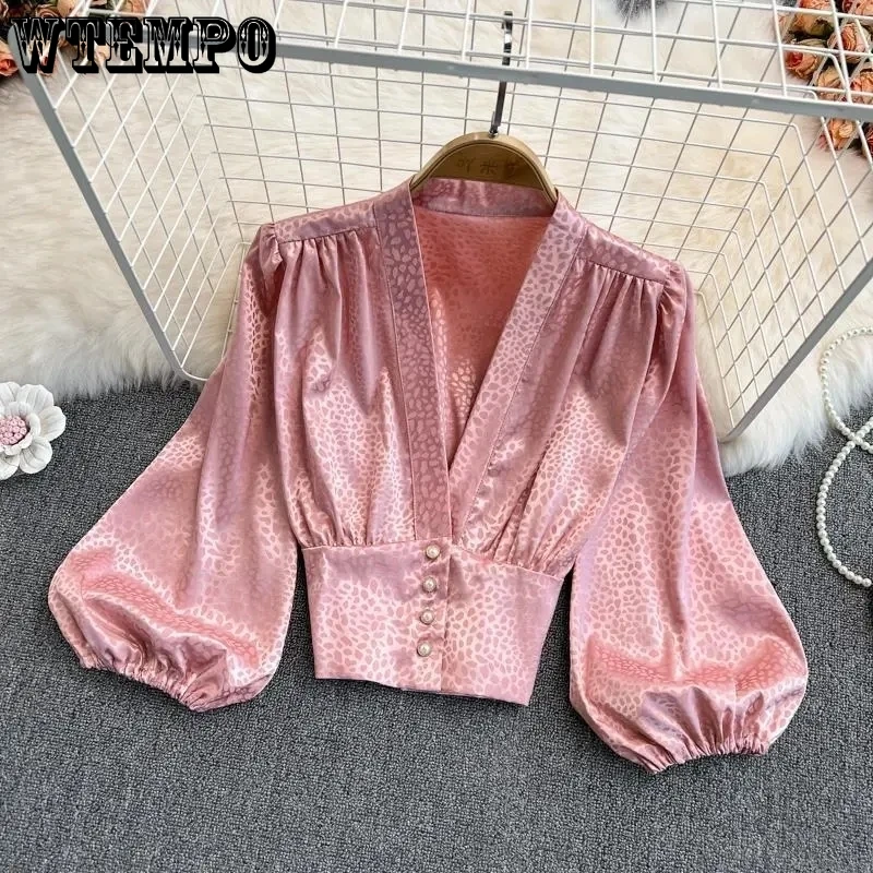 

Shirt Women Button Up Shirt Ladies Tops Long Sleeve Blouse Beaded Blouse Summer Harajuku V-Neck Puff Sleeve Printed Shirt