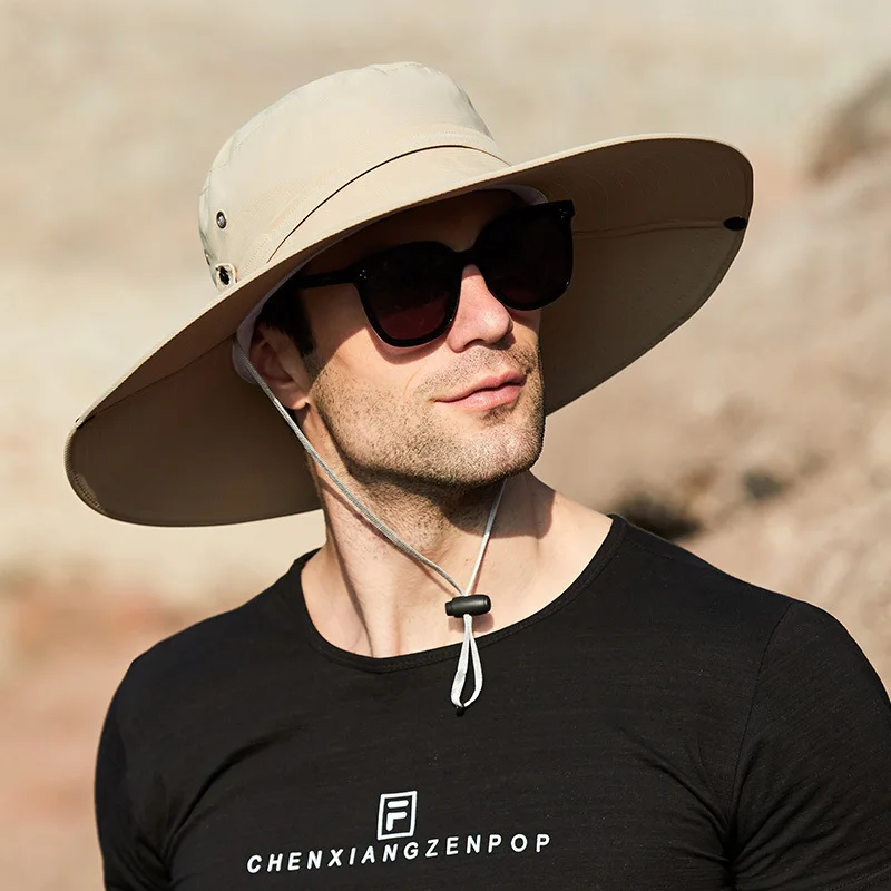 

Summer Adjustable Drawstring Sun Hats for Men Outdoor Fishing Cap Wide Brim Anti-UV Cowboy Cap Foldable Bucket Male Shade Hat