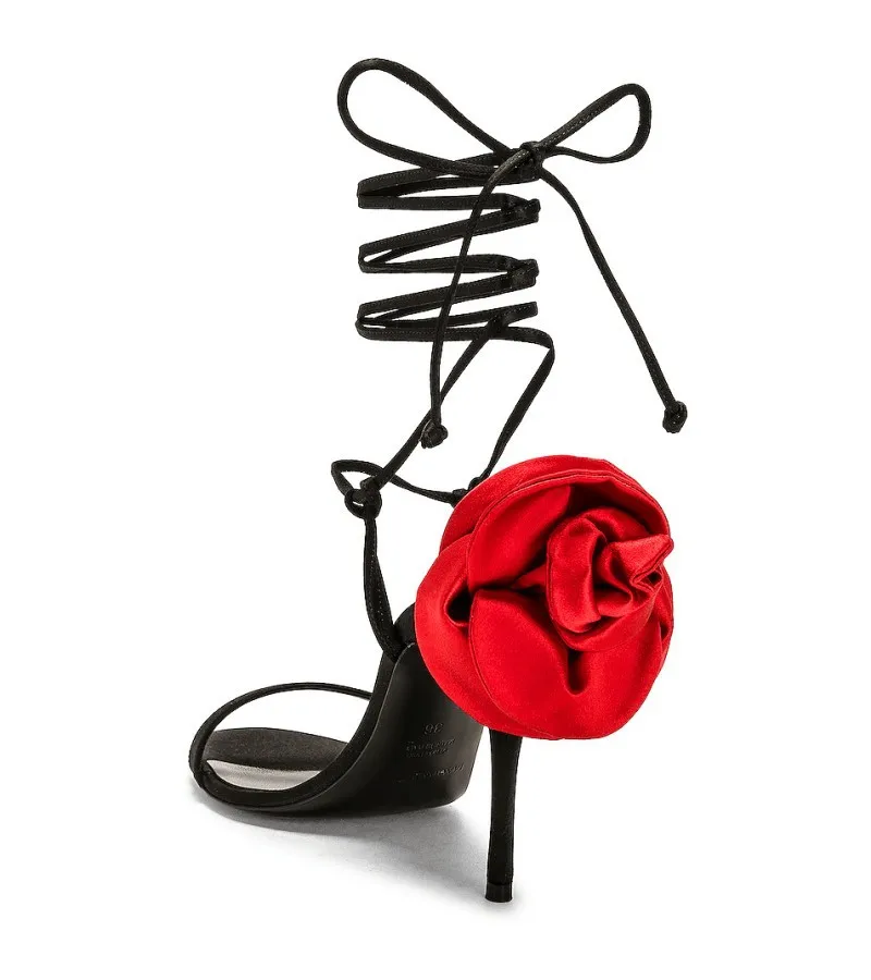Back Rose Embellished Lace-up Ankle Strap Sandals Women Round Peep Toe Thin High Heels Dress Party Shoes Lady Slingback Shoes