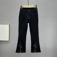 beaded jeans for women 2022 summer new elastic high waist jean hot girls street denim trouser rhinestone slit flare pants mujer