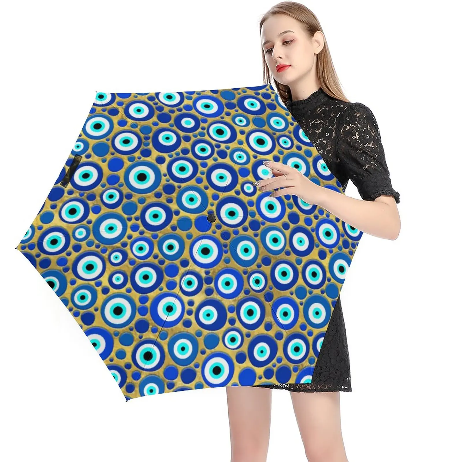

Blue Evil Eye Print 5 Fold 6 Ribs Umbrella Nazar Charm Mini Pocket Umbrella Windproof Umbrellas for Male Female