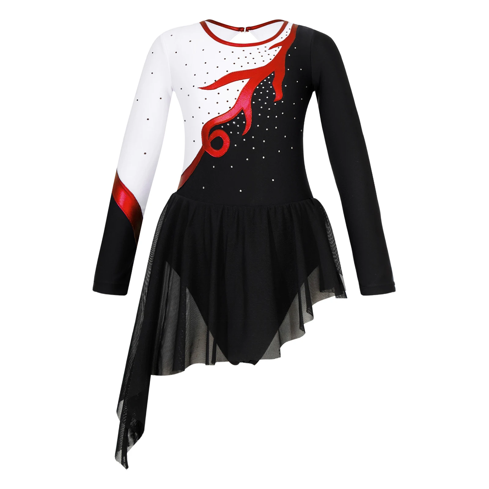 

Figure Skating Dancewear Dress Kids Girls Long Sleeve Shiny Rhinestone Ballerina Ballet Gymnastics Workout Tulle Tutu Dress