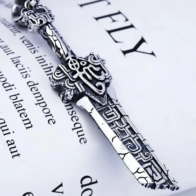 

S925 pure silver gluttonous broken sword vintage pendant male necklace pendant female domineering war word gift texture