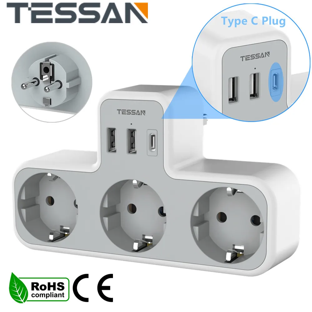 

TESSAN Multiple Sockets Power Strip with 3 AC Outlets 2 USB 1 Type C Port 6 In 1 EU Wall Socket Extender Adapter for Home Office