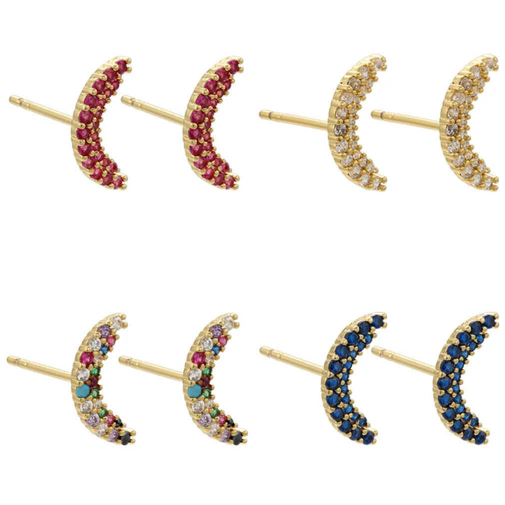 

Cute Earrings for Women Micro Paved Zircon Metal Stud Earrings Colorful Glass Moon Meniscus Jewelry Accessories Handicraft Art