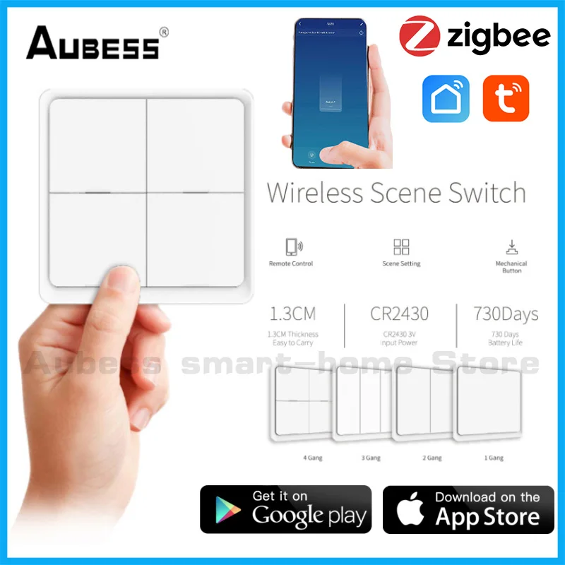 

Aubess Wireless Smart Switch ZigBee App TUYA Remote Control Free Sticker 4-way Panel Scene Button Switch Automation Modules