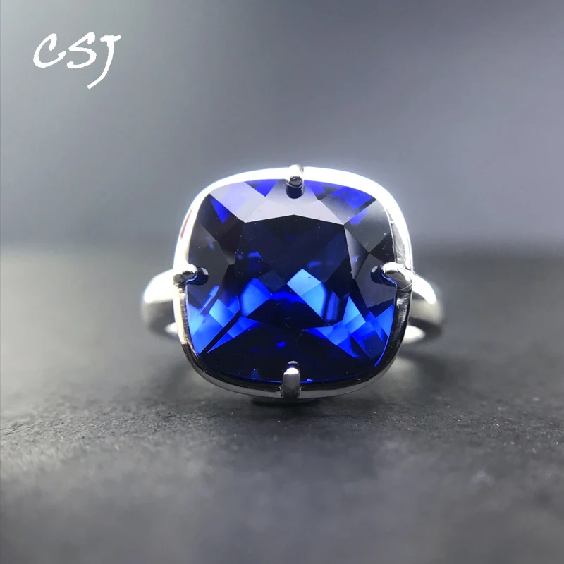 

CSJ Elegant Sapphire Ring Sterling Created Blue Corundum Cushion Cut 12mm for Women Lady Wedding Engagment Party Gift Box