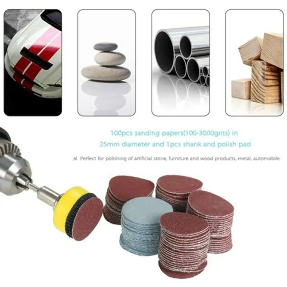 

100Pcs 25mm 1 Inch Sander Disc Sanding Paper Disk 100-3000 Grit Grinding Disc And 1 Inch Pneumatic Disc +3mm Rod