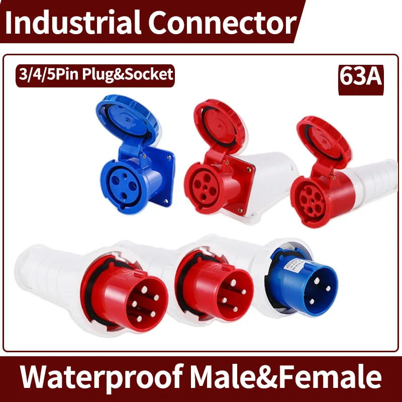 

Waterproof Industrial Plug3/4 /5 Pin dustproof socket IP67 Male and Female 63A Mounted industrial socket 380V 415V