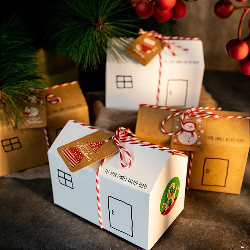 

24PCS Christmas House Gift Box Kraft Paper Cookies Candy Bag Snowflake Tags 1-24 Advent Calendar Stickers Rope Party Supplies