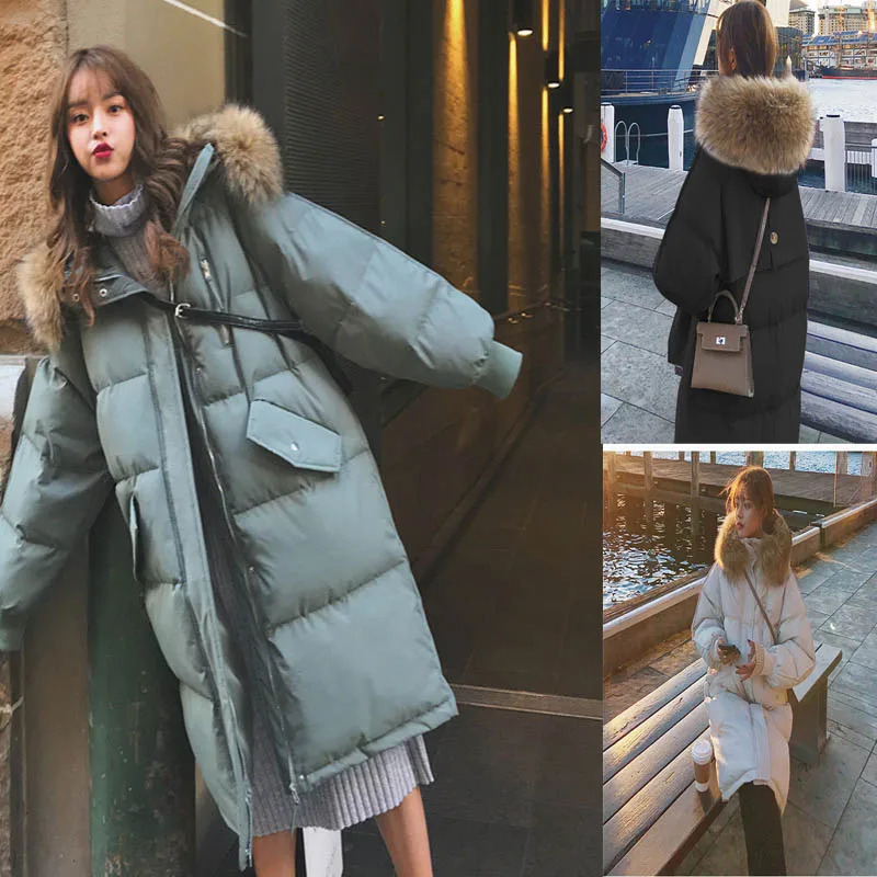 Winter Women's Down Cotton Jacket Long Warm Fur Collar Hooded Cotton Jacket Loose Thickening Windproof Korean Fashion Jacket