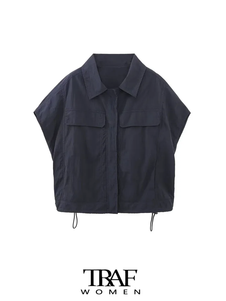 

Блузка женская оверсайз на кнопках с карманами и коротким рукавом