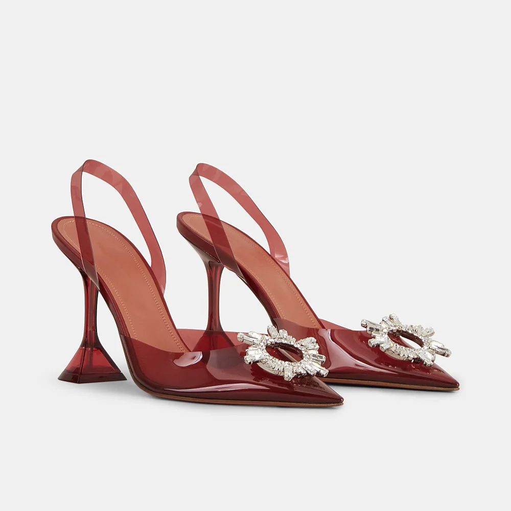 

8cm New Fashion Sandals Clear Pointed Toe with Rhinestone High Heels Ankle Wrap Wedding Women Shoes 40 41 42