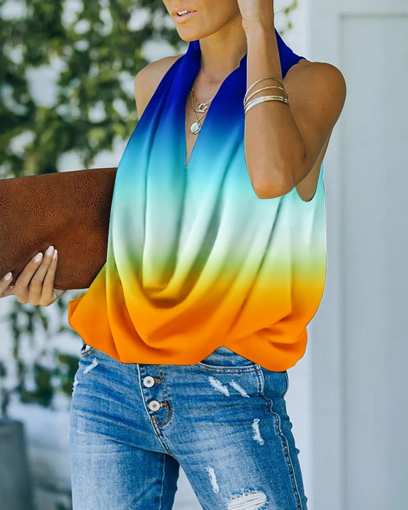 

Ninimour New Fashion Women V Neck Ombre Sleeveless Cowl Neck Chiffon Top Sexy Streetwear Muticolor T-Shirts Casual Loose Blouse