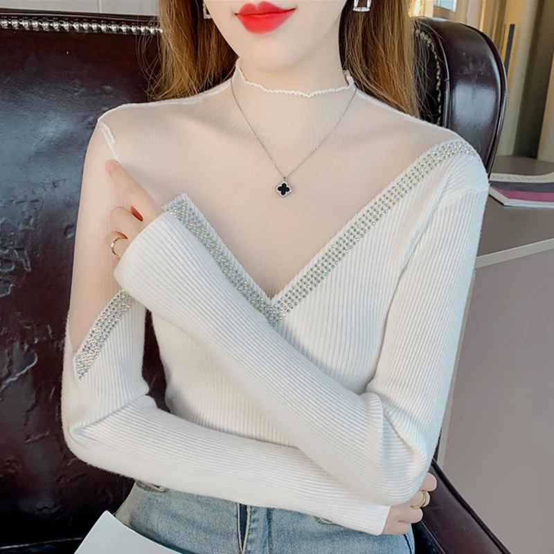 

2024 New Fall Winter European Clothes Knitted Sweater Chic Sexy Mock Neck Patchwork Mesh Diamonds Women Long Sleeve Tops 311101