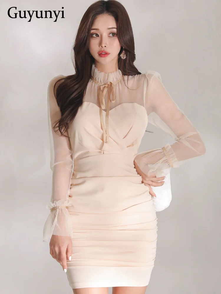 

Elegant Party Dress 2022 Summer Sexy Sheer Mesh Stand Collar Bow Solid Color High Waist Folds Temperament Sheath Dress Women