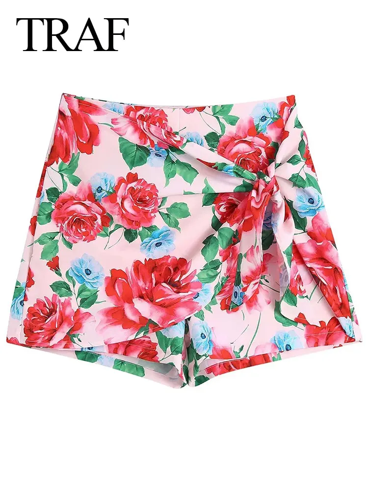 

TRAF Summer Women's Printed Shorts Flower Red Bright Double Layer Cross Lace Up Bow Asymmetric Shorts Beach Everyday Clothing