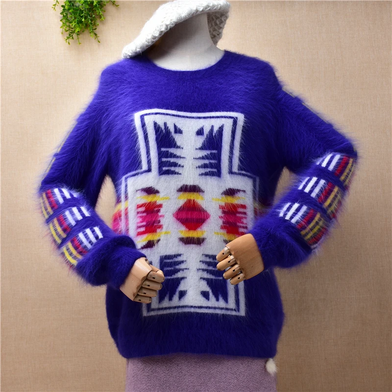 

female women fashion printing autumn winter clothing hairy mink cashmere knitted long sleeves o-neck angora fur jumper sweater