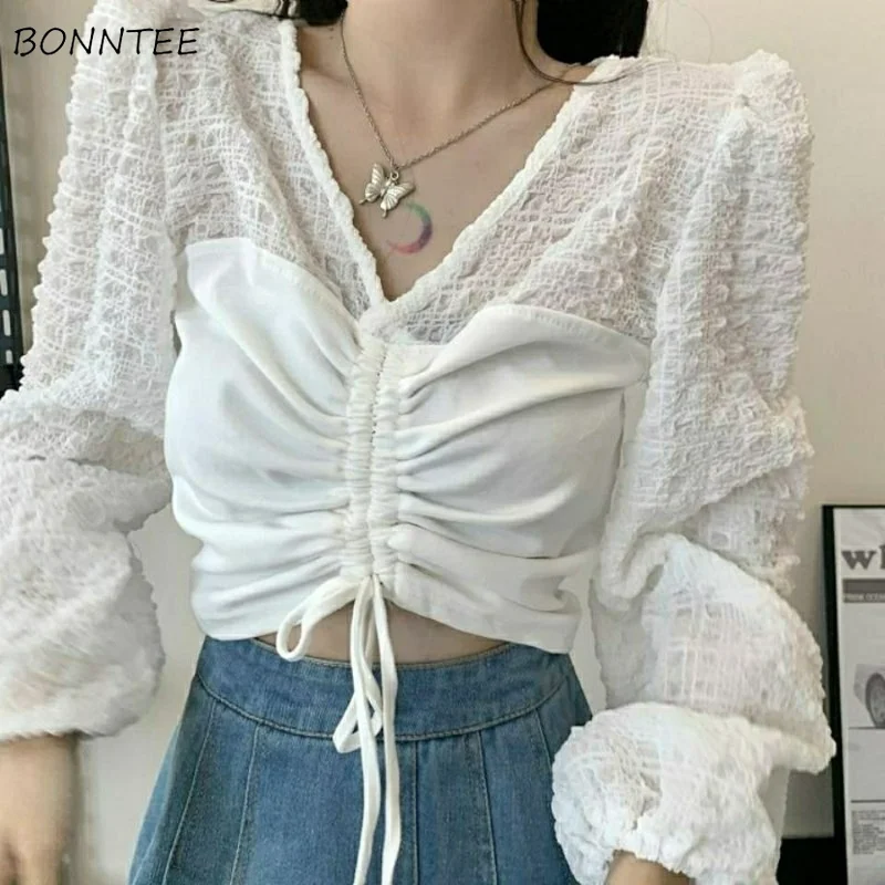 

V-neck Blouses Women Puff Sleeve Girlish Casual Sweet Spring Fashion Tender Korean Style Crop Tops Minority New Design Popular