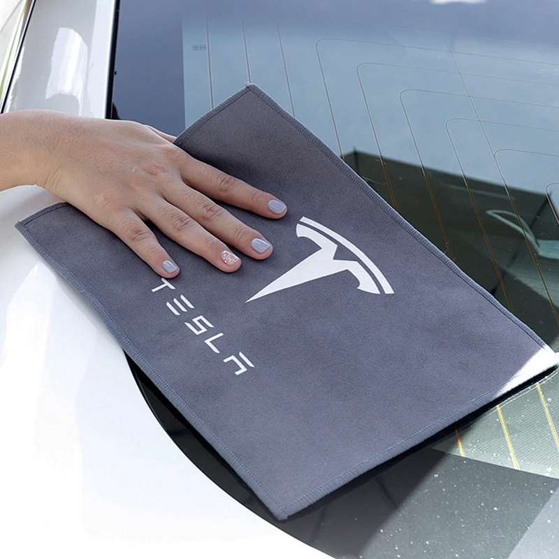 

For Tesla Model 3 Y S X Wash Towel Cleaning Cloth with Logo Car Microfiber Care Coral Fleece Suede Interior Modified Accessories