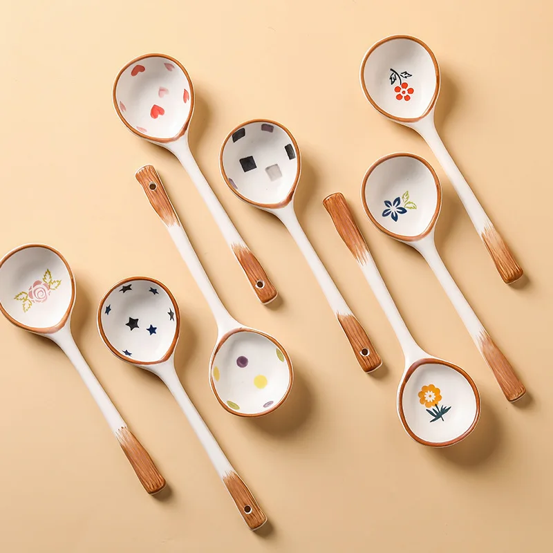 

Japanese Style Ceramic Small Soup Spoon, Stoneware Spoon, Long Handle Spoon, Household Creative Cute Rice Spoon KitchenTableware