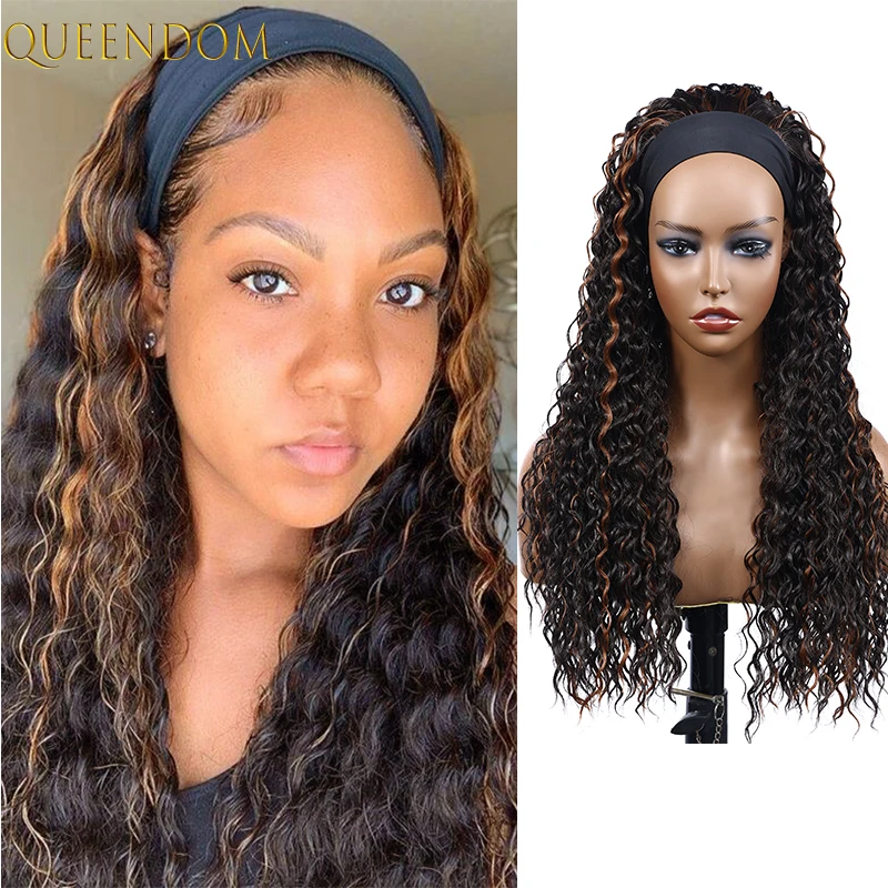 Synthetic Deep Curly Headband Wig Natural Black Long Kinky Curly Women's Wig with Headband 10-26inch Natural Curly Head Band Wig