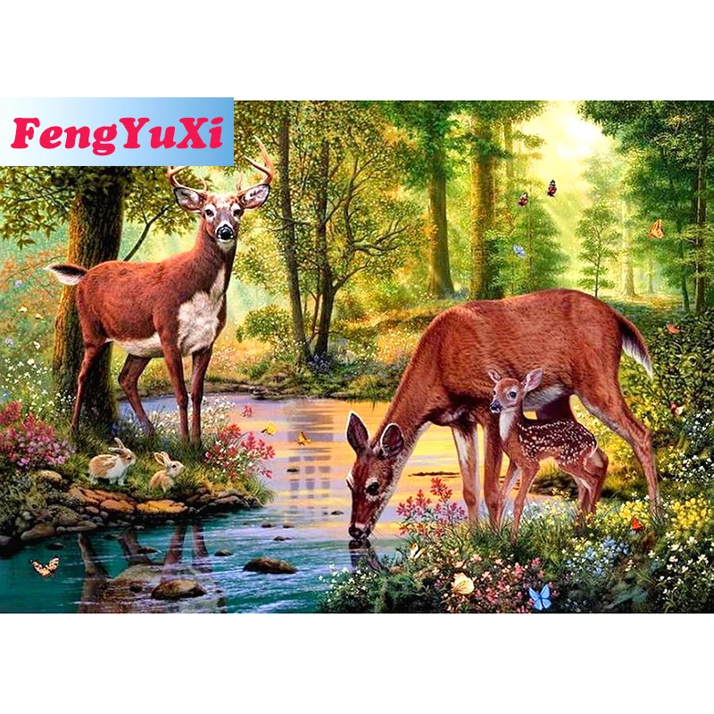 

FengYuXi 5D DIY полноразмерная/круглая алмазная живопись, вышивка крестиком, Лесной олень, рукоятка, искусственная вышивка