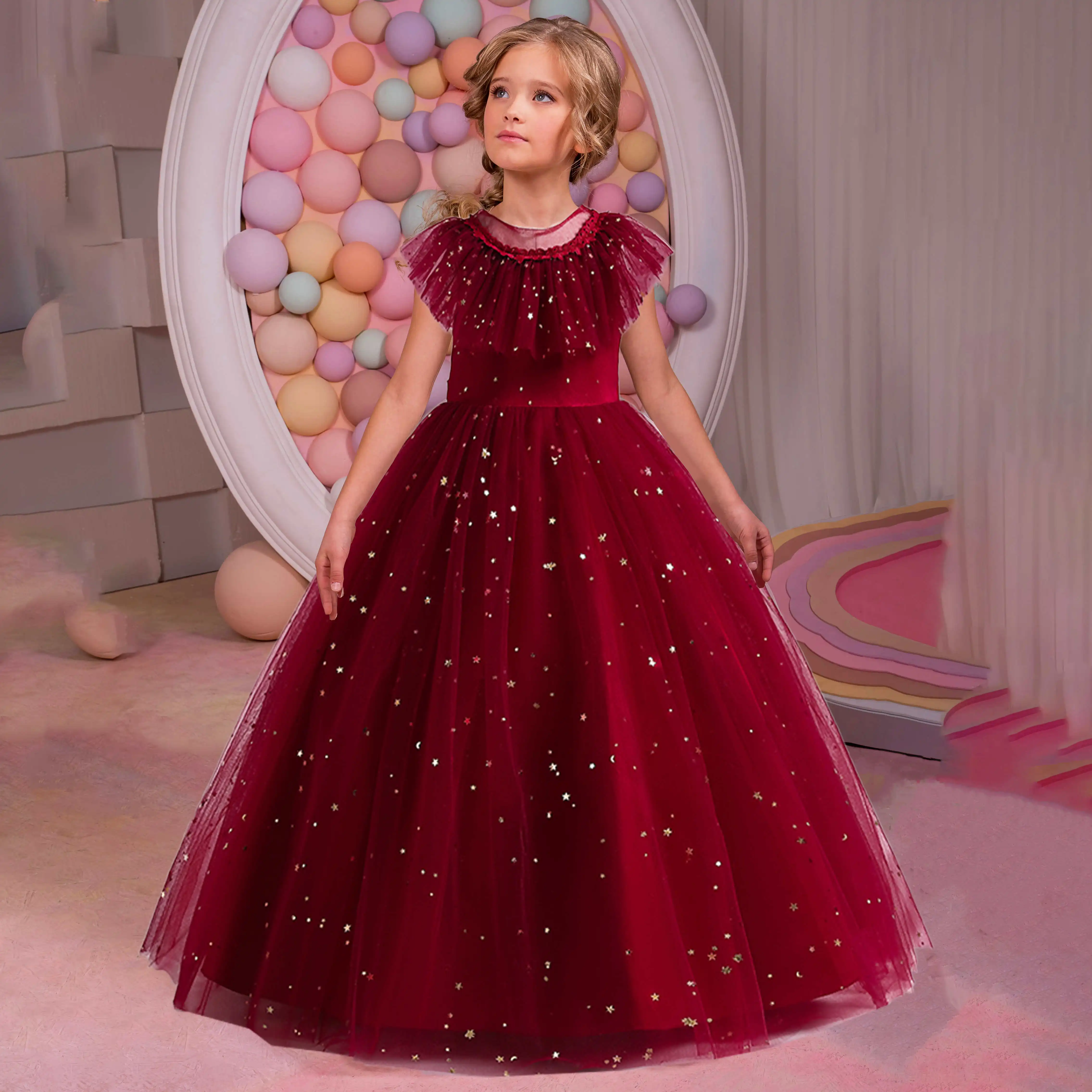 

2022 Pageant Star Applique Girl Dress Wedding Kids Bridesmaid Dresses For Girl Children Costume Lace Long Princess Retro Clothes