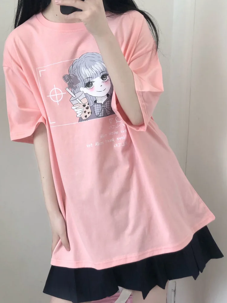 

Deeptown Japanese Anime T-shirt Harajuku Cartoon Graphic Tees Cute Girl Print Short Sleeve Tops for Women Clothes Fashion Korean