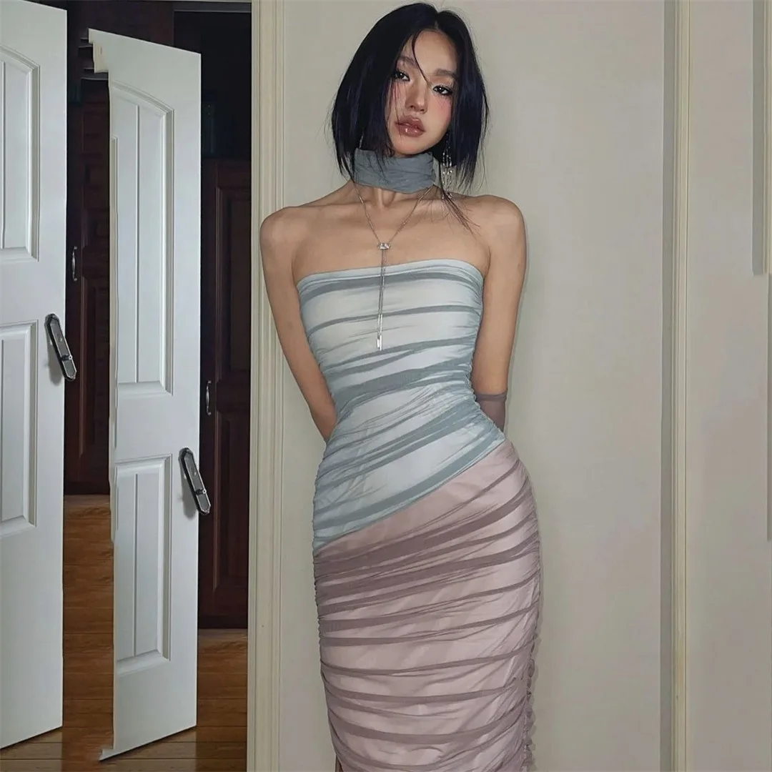 

Double-layer Contrasting Color Mesh Splicing Slim Tube Top Dress Summer Women's One-step Long Skirt with Slim Waist and Hips