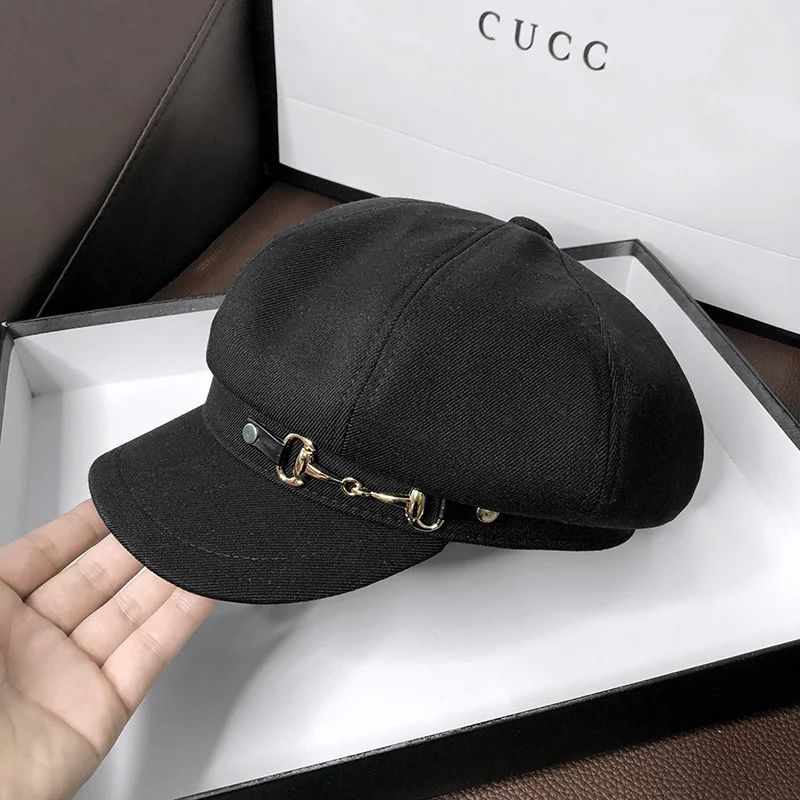 

Autumn Fashion Luxury Design Solid Color Pure Cotton Women's Octagonal Hat Simple Metal Buckle Beret Winter Girls Painter Cap