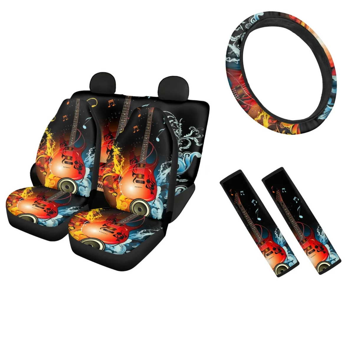 

Vintage Guitar Design Car Seat Covers Sweat Absorption Comfort Steering Wheel Cover Full Lined Soft Padding Shoulder Strap Pads
