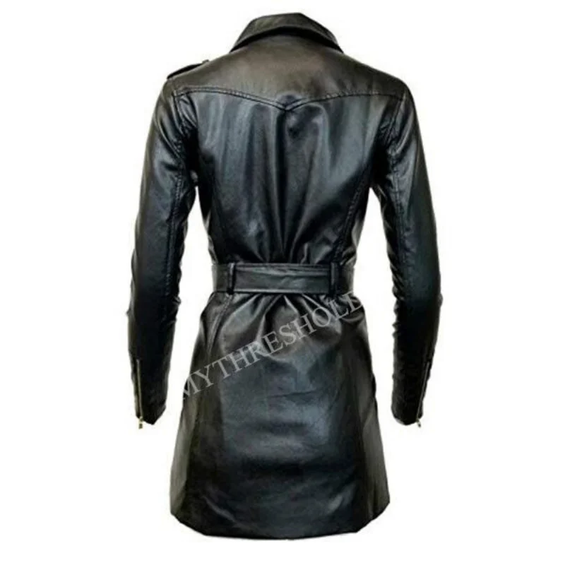 New Women Zip-up Long Jacket Belt Real Leather Trench Coats Leather Jacket