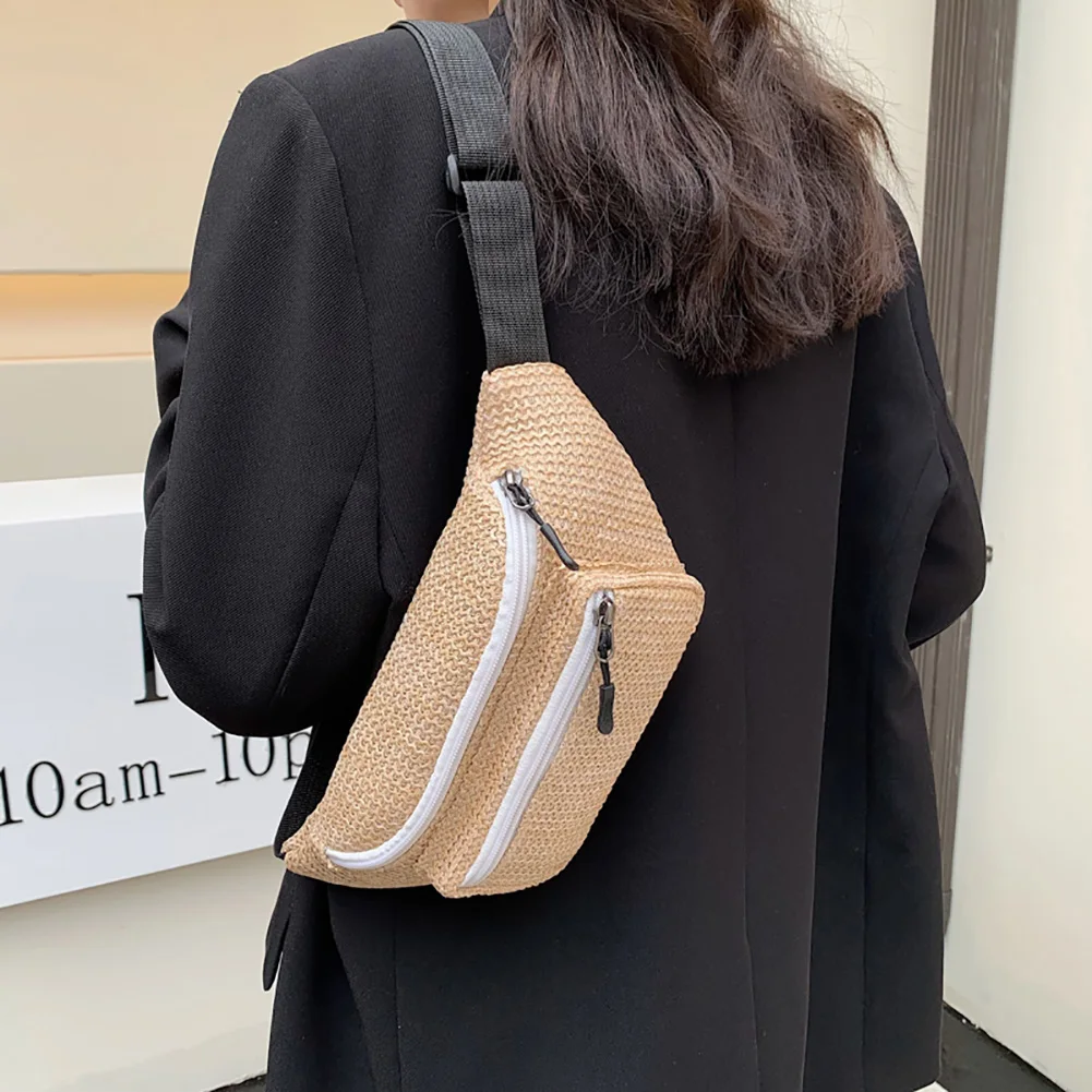

Casual Straw Fanny Belt Pack Waist Bag Women Men Woven Fashion Travel Shoulder Purse Crossbody Bags Functional Portable Bag