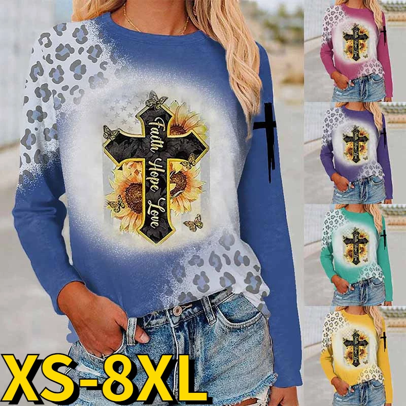 2022 Autumn Winter Daily Street Tops Round Collar T-shirt Retro Sunflower Print Pullover Tee Shirt Women Elegant Long Sleeve