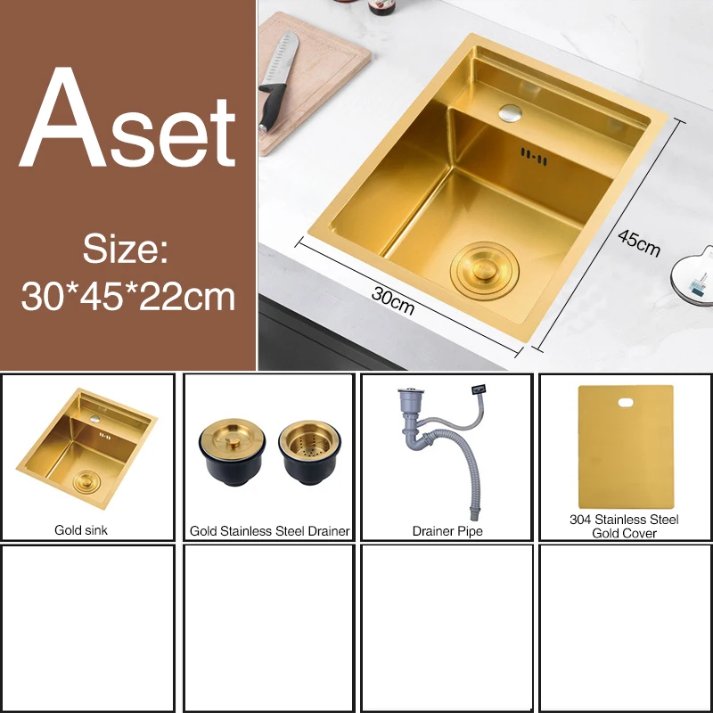 

Нанометровая золотая нержавеющая сталь 304, кухонная раковина ручной работы, скрытая одинарная кухонная раковина небольшого размера