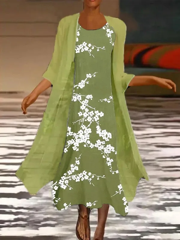 2023 Spring Women's Clothing, Dress Set Green Print Small Fresh Thin Jacket 2 Pieces Set Fashion Temperament Dress