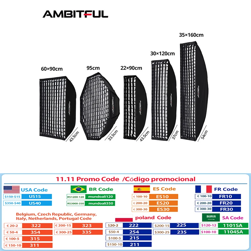 

AMBITFUL 60x90cm 22x90cm 30x120cm 35x160cm 95cm Rectangular Octagonal Honeycomb Grid Softbox for Bowens Studio Flash Softbox