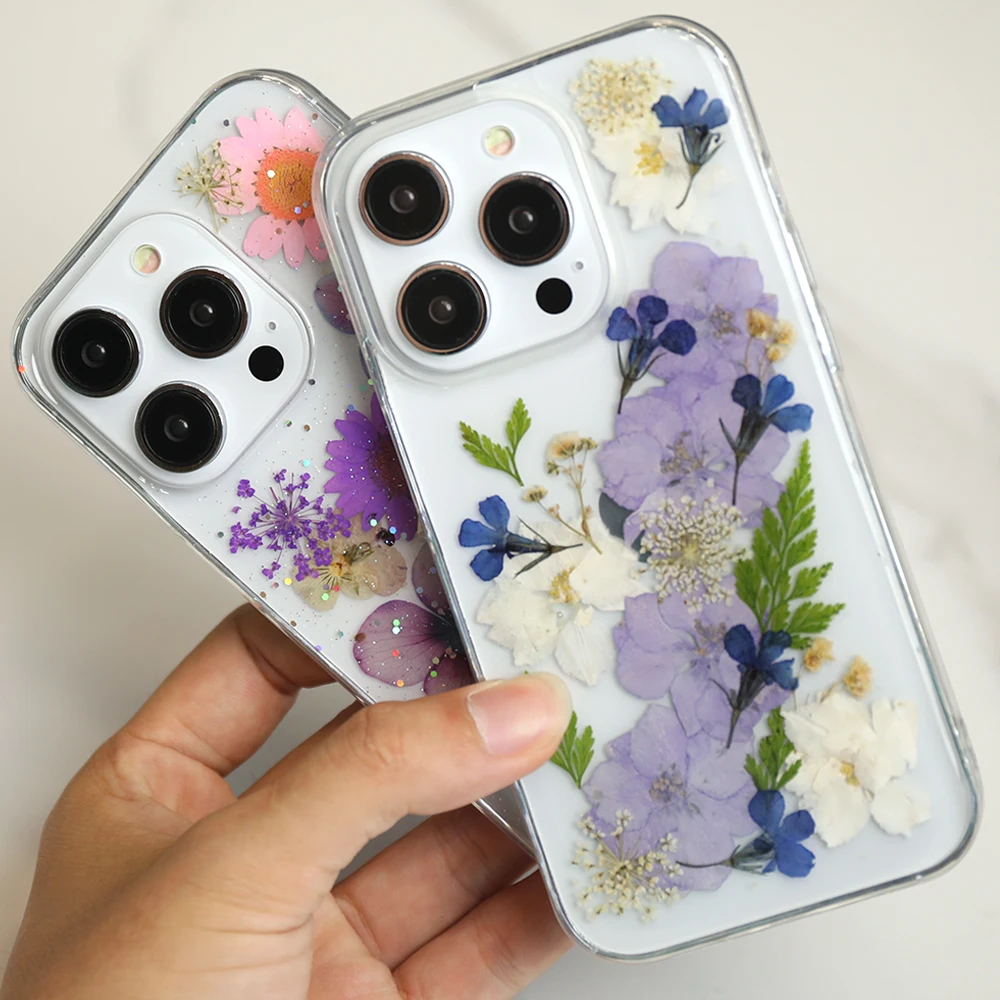 

Immortal Dried Flower Glue Dripping Silver Foil Phone Cases For iPhone 14 13 12 11 Pro Max Mini Soft Silicone Cover