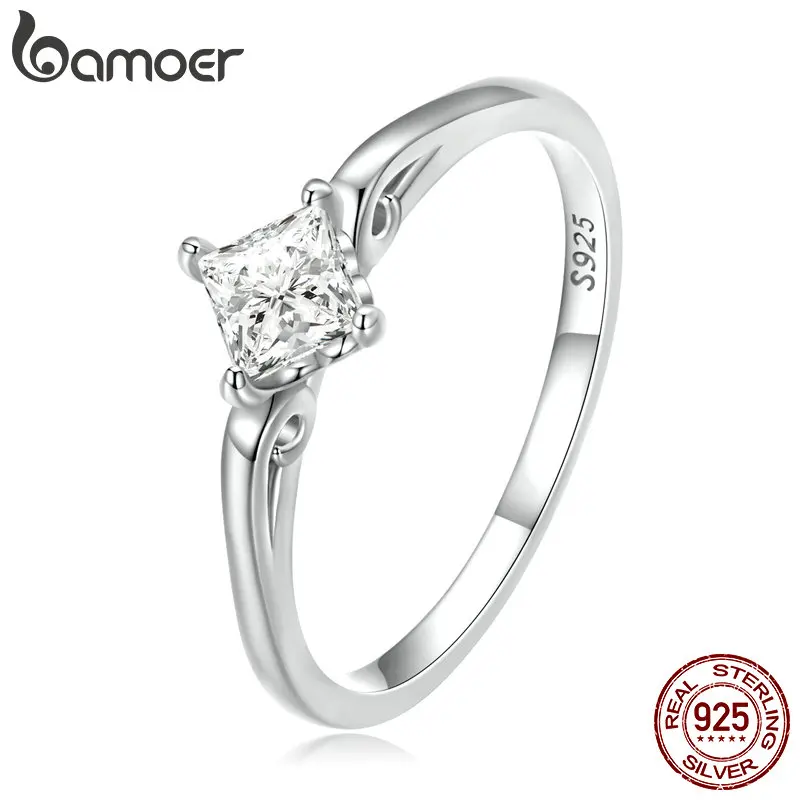 Bamoer 925 Sterling Silver Simple Square Zircon Ring for Women Fine Jewelry Dazzling Promise Ring Wedding Party Gift BSR264