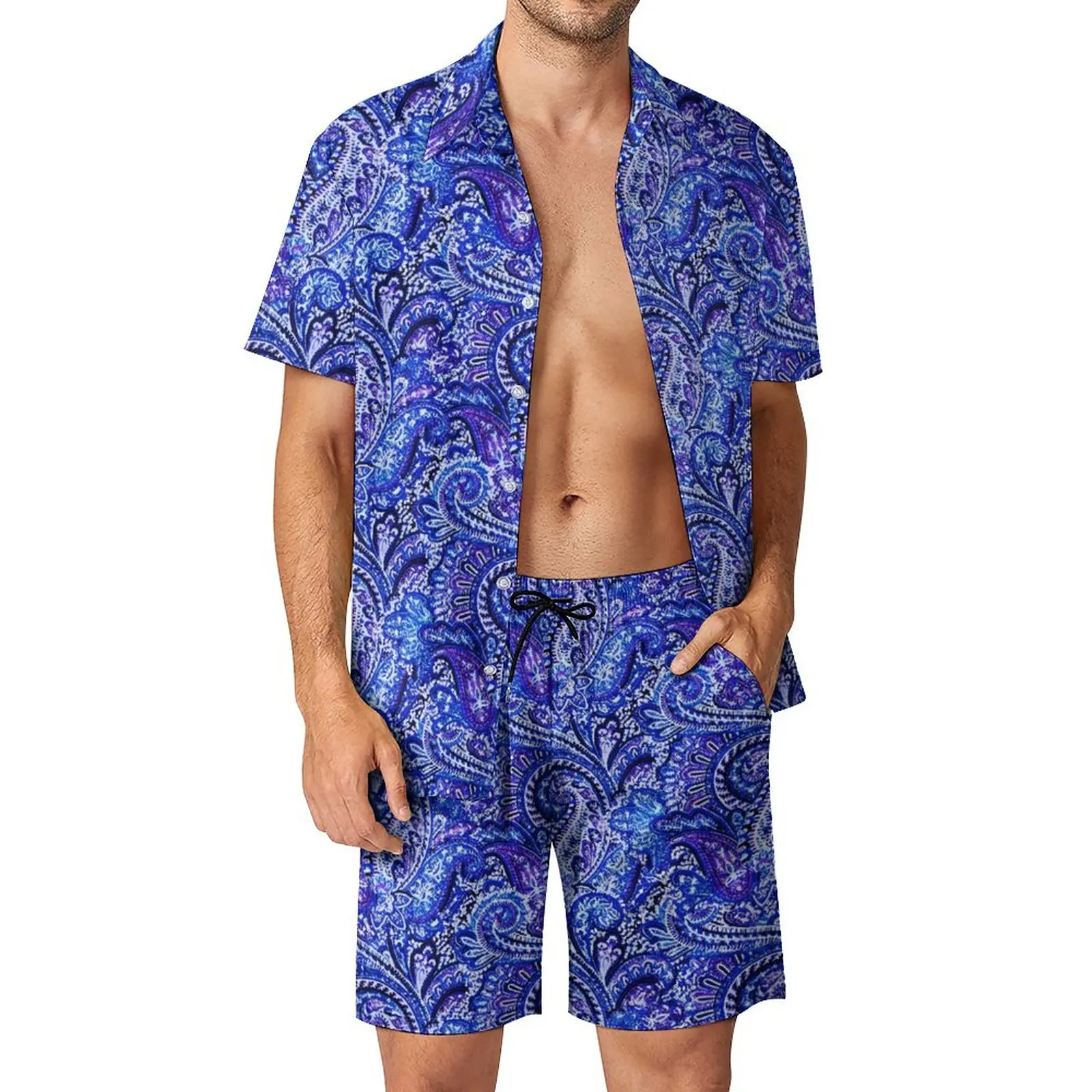 

Vibrant Blue Paisley Men Sets Retro Print Casual Shirt Set Vintage Vacation Shorts Custom Suit Two-piece Clothing Plus Size
