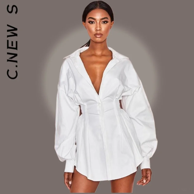 

C.New S Women Solid White Black Defined Waist Shirt Tunic Dress Shirts Office Lady Long Puff Sleeve V-Neck High Waist Mini Dress