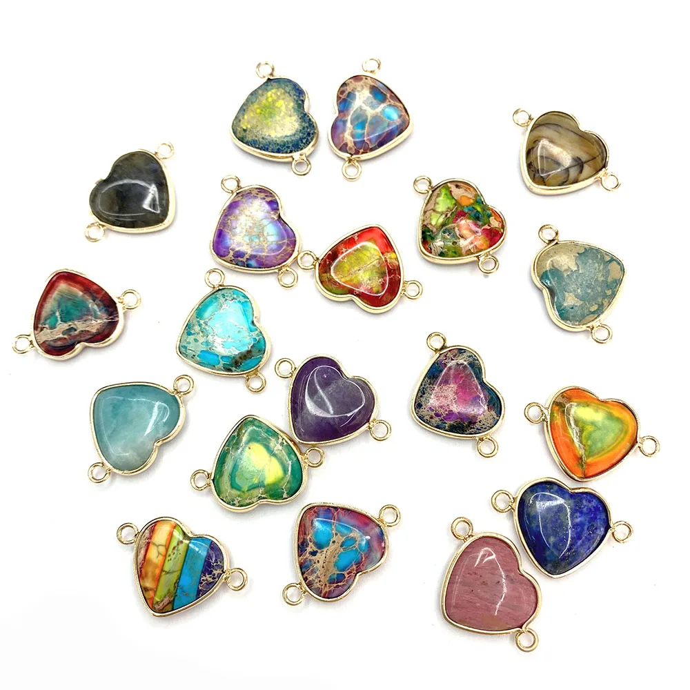 

Natural Imperial Stone Colorful Heart-shaped Two-hole Connector Pendant Blue Pine Elegant Ladies for Handmade Necklace Pendant