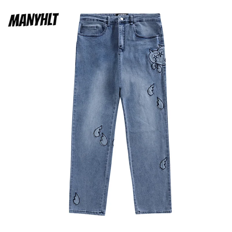 

Прямые свободные джинсовые брюки Хай-стрит в стиле Vibe, мужские повседневные джинсы в стиле Харадзюку с вышивкой и эффектом потертости