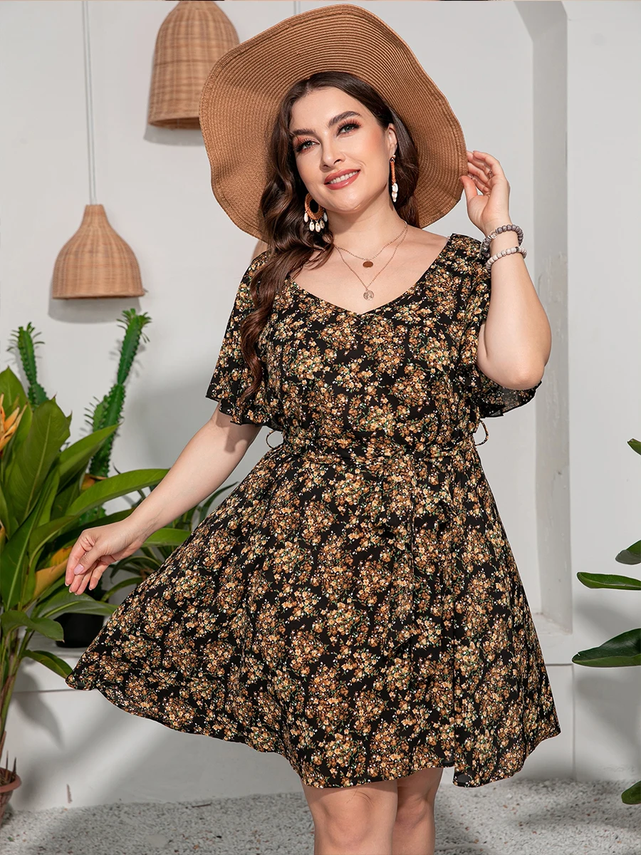 

Finjani Floral Print Butterfly Sleeve Belted Dress Plus Size Women Casual V-Neck Knee-Length Dresses