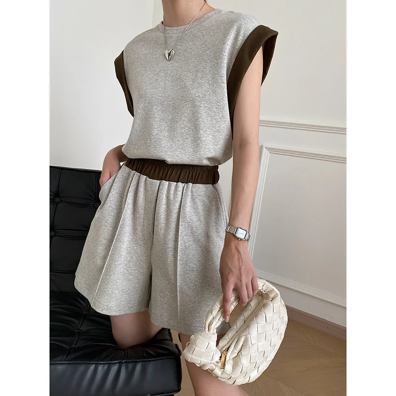 

Shoulder Pad Sleeveless Casual T-shirt Shorts Summer Women Two Piece Set