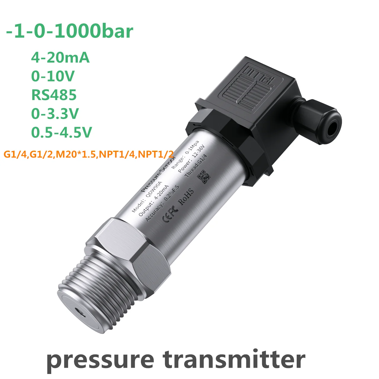 4-20mA 1bar 10bar 2.5Mpa 20kpa Pressure Sensor Transmitter Water Gas Oil Liquid 0-3.3V RS485 Output