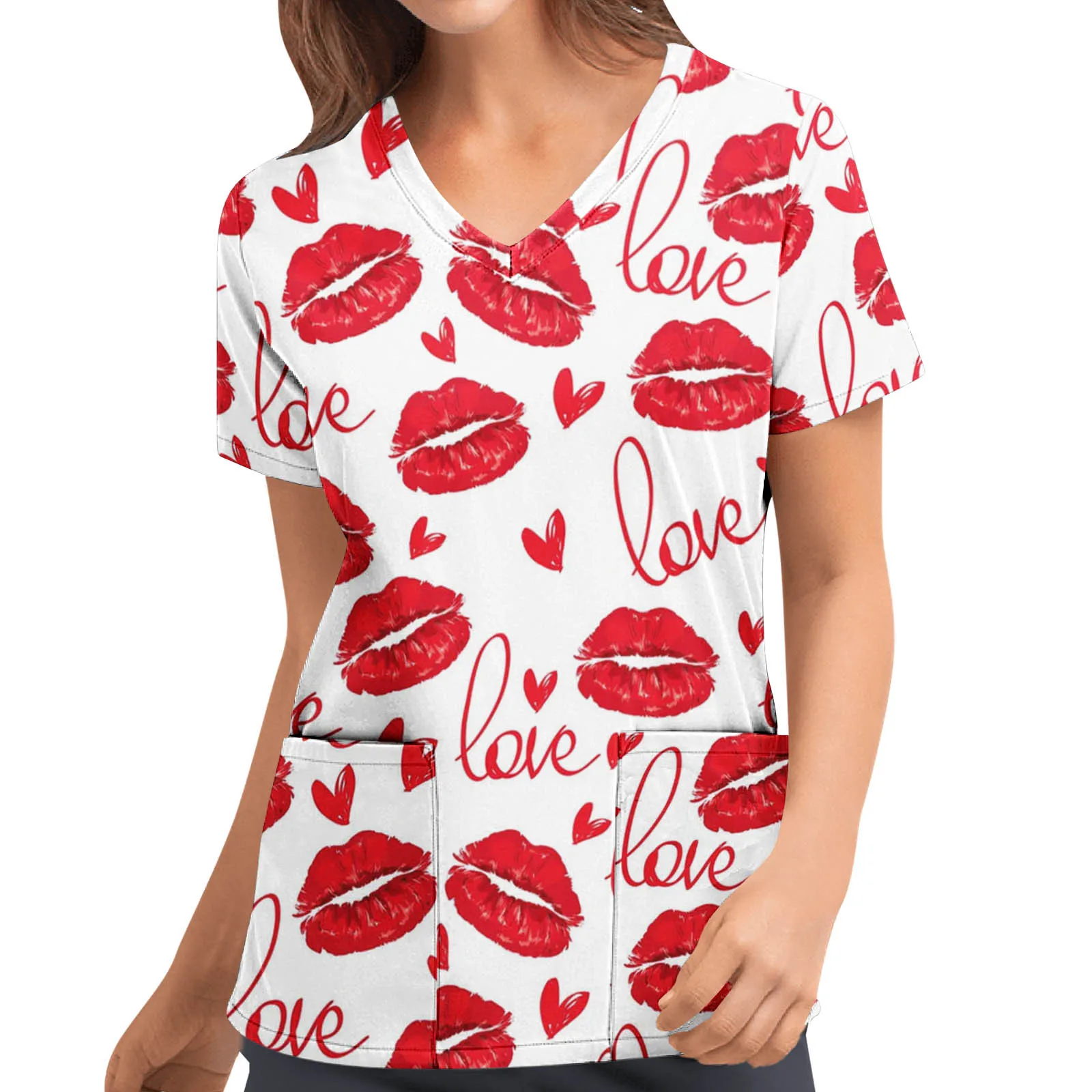 

Lip Print Nurse Tunic Tops Women V Neck Pocket Medical Scrubs Overalls Healthcare Short Sleeve Hospital Surgical Working Uniform