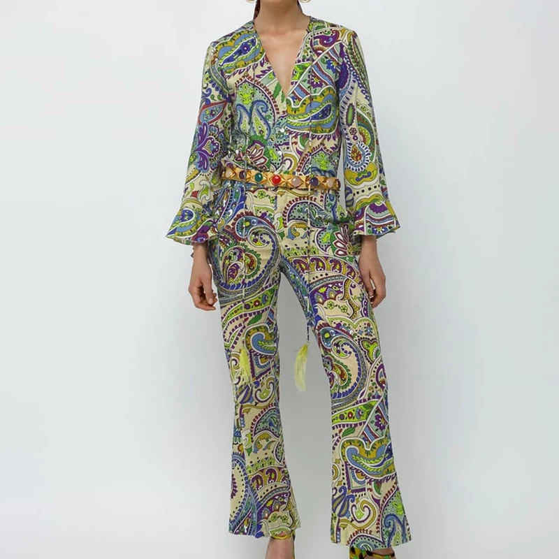 

2022 Spring Women Versatile Long Sleeve V Neck Lacing Printed Shirt High Waist Flared Pants Two Piece Suit BB22842
